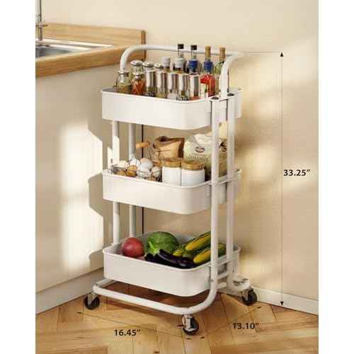 Pipishell 3 Tier Mesh Utility Cart, Rolling Metal Organization Cart with Handle and Lockable Wheels, Multifunctional Storage Shelves for Kitchen Living Room Office White