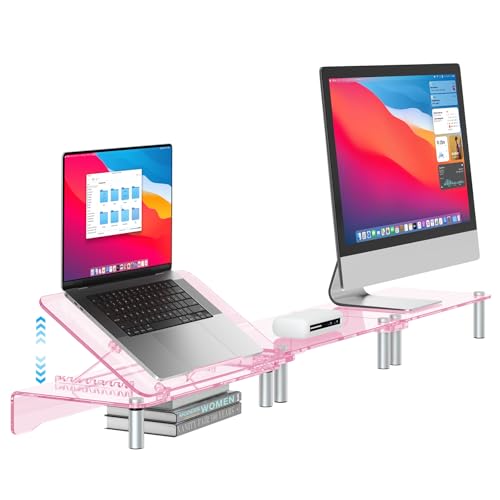 RQUOIRE Ergonomic Pink Acrylic Dual Monitor Stand with Adjustable Laptop Riser, Compatible with Desktop, Printer, TV and More Devices,monitor riser holder suitable for 2 monitors