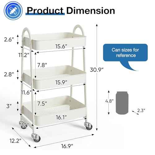 OLIXIS 3 Tier Utility Rolling Cart with Lockable Caster Wheels, Metal Mobile Storage Shelf, Organization for Livingroom, Bathroom, Kitchen, & Narrow Places, Cream White