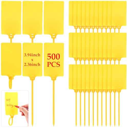 Chunful 500 Pcs Blank Plastic Tags Shipping Tags 3.94"x 2.36" Waterproof Sealing Shipping Labels Bulk Writable Hanging Tag Ties Sealing Strap Reusable Mark Labels for Keys Luggage Logistic(Yellow)