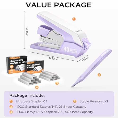 Effortless Stapler for Desk with 40-50 Sheet Capacity, 2000 Staples, 1-Touch Stapling, Ergonomic & Easy to Load Desktop Staplers, Heavy Duty Stapler, and Magnetic Staple Remover, Purple