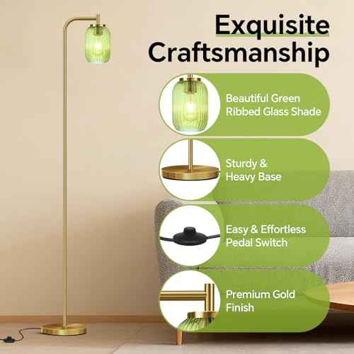 Glass Floor Lamp for Living Room, Bedroom, Modern Green Ribbed Glass Standing Lamp with Pedal Switch, 67'' Tall, Brushed Gold