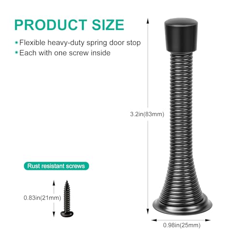 6 Pack Black Spring Door Stops - 3-1/4" Heavy Duty Wall Mount Door Stoppers with Rubber Tips, ZUOYIGD