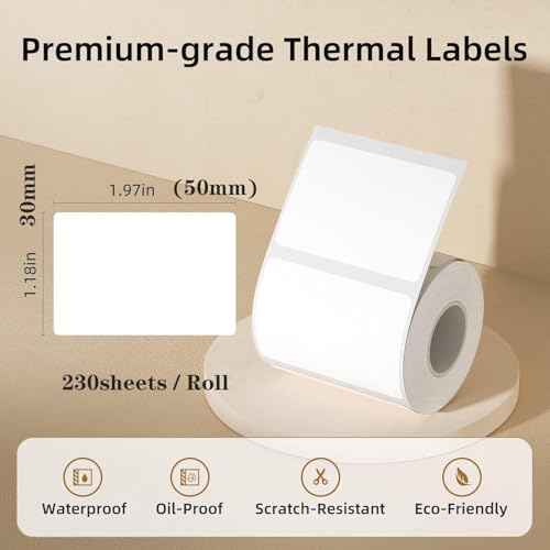 6Rolls Label Tape for NIIMBOT B1/B21/B3S Printer, (1380Pcs in Total) Thermal Sticker Labels Waterproof Anti-Oil Paper White 50 * 30mm