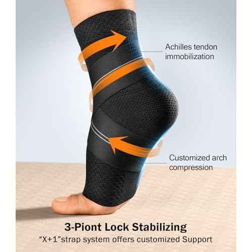 Flat Knitting Ankle Brace For Women&Men, 7-Zone Dynamic Compression Sleeve w/Flex Strap,Foot Support For Sports, Sprained Ankle, Achilles Tendonitis, Plantar Fasciitis Relief(Pack of1)XL, Black