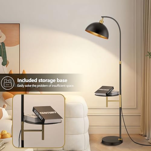 Floor Reading Lamp with Table Industrial Floor Standing Lamps with Tray Shelves Attached Adjustable Height Corner Rustic Black Floor Lamps with End Table for Bedroom Living Room Office