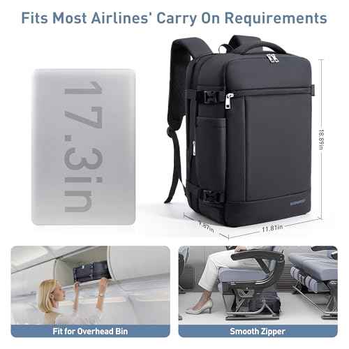 SHOWKOO Travel Backpack For Man Women, Airline Approved Carry On Laptop Backpack For Business, 40L Expandable Large Capacity Backpack, Black