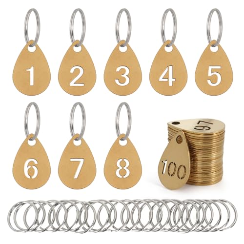 Key Tags with Numbers, Brass Droplet Shaped Key ID Tag, Metal Number Tags, Keychain Labels - 1 to 80