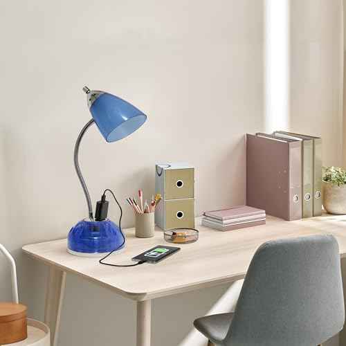 Simple Designs LD1015-CBL-LB 19.5" Flossy Organizer Desk Lamp with Charging Outlet Lazy Susan Base and LED Bulb, Blue