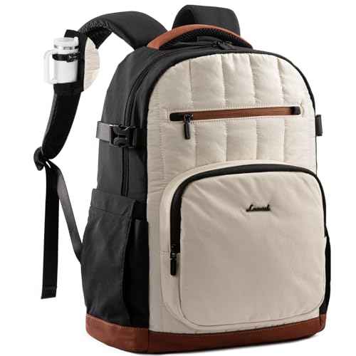 LOVEVOOK Laptop Backpack Women with Pouch Pocket for Large Capacity Cup,15.6 Inch Lightweight Puffer Computer Laptop Bag Travel Backpack Purse for Work College Teacher Personal Item,Black-White-Brown