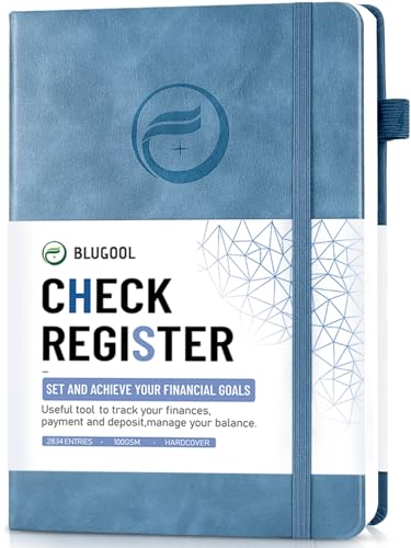 Blugool Checkbook Register 5.8 x 8.3 in Blue – 2834 Entries, 180° Flat, with Pen Loop & Pocket