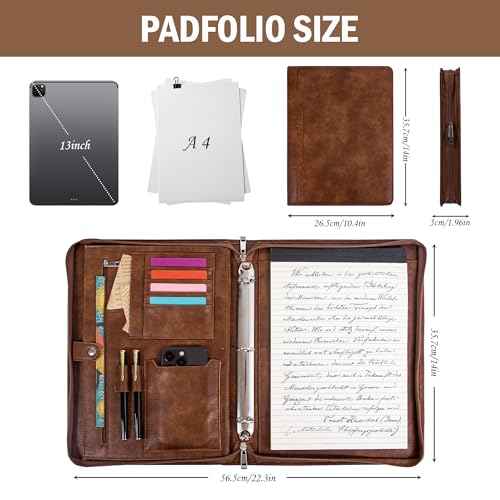 Calfinder 3 Ring Portfolio Binder with Zipper,Business Padfolio for Men&Women,Leather Portfolio Organizer with Card/Documents Holder, Leather Binder for Interview/Office and Travel, Gift for Men