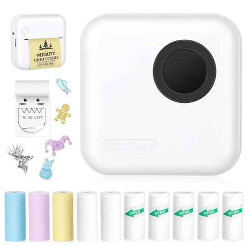 Mini Sticker Printer Thermal Printer with 10 Rolls Papers and Stickers for Picture, Receipt, Notes, Lists, Label, Memo, Sticker Portable Printe for iOS&Android