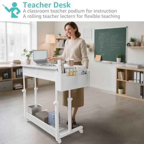 Small White Portable Rolling Standing Desk with Wheels, 32 Inch Adjustable Mobile Stand up Teacher Desks with 2 Fabric Drawers, Couch Sofa Side Laptop Table with Storage for Bedroom Home Office
