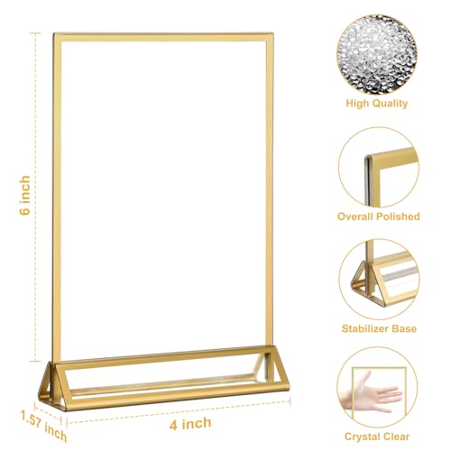 EHWINE 12 Pack Acrylic Sign Holder 4 x 6, Double Sided Gold Picture Frame Stand up Table Top Sign Holders, Clear Display Stand Menu Flyer Holder for Wedding Party