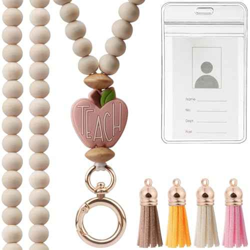2024 Teacher Lanyard With ID Holder, Fashion Wood Beaded for Key, Super Cute Boho Breakaway for Women
