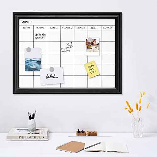 Navaris Framed Calendar Whiteboard for Wall - 18" x 24" Magnetic Dry Erase Monthly Planner - White Board with Frame - Includes Magnets and Marker