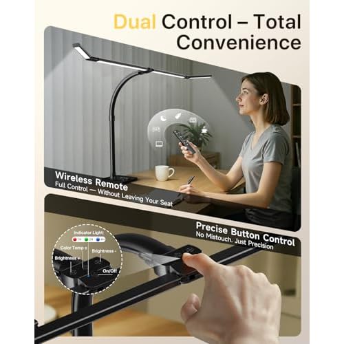 ONEMIX 42" LED Desk Lamp for Home Office, Eye-Caring Desk Light with Adjustable 4-Segment Bar, 1800LM Bright, Remote, Architect Table Lamp with Base for Dual Monitors, Reading, Study, Workbench(Black)