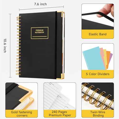 Huhuhero 5 Subject Notebook, 240 Pages Lined Spiral Journal College Ruled, 7.6" x 10.5¡± B5 Hardcover Journaling Notebooks for Work Note Taking, College School Supplies, Black