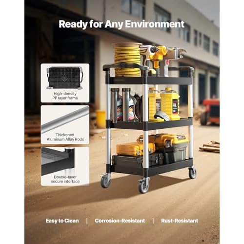 VEVOR Utility Cart, 300 lbs Load Capacity, 3-Tier Utility Plastic Cart with 360¡Æ Swivel Wheels (2 with Brakes), 24.4 x 16.1-inch Food Service Cart for Warehouse, Office, Home, Restaurant, Kitchen