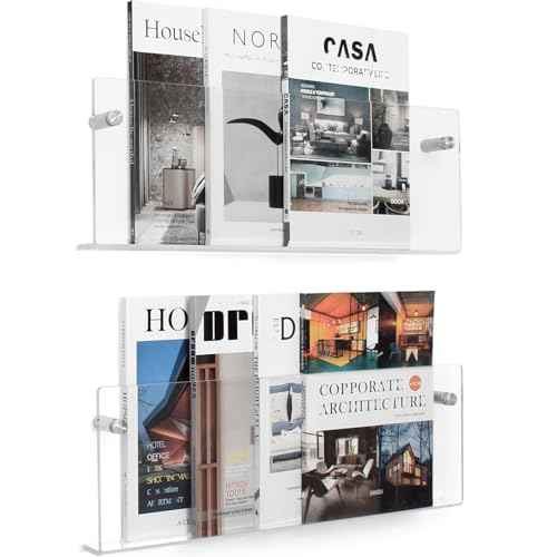 2 Pack Clear Acrylic Magazine Holder, Wall Mount Hanging Bookshelf Literature Storage Rack, Brochure File Display Shelf for Waiting Room, Living Room, Office, Home