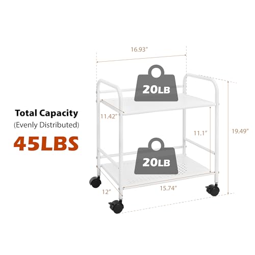 SunnyPoint 2-Tier Metal Rolling Utility Cart ? Mobile Storage Shelf with Caster Wheels ? Small Space Organizer for Home, Office, Bedroom, Kitchen (WHT)