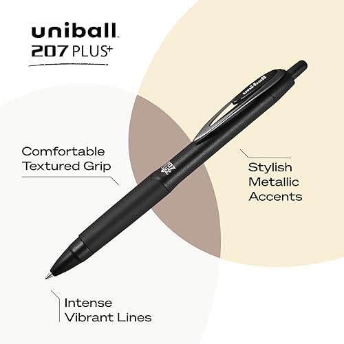 Uni-Ball 207 Plus+ Gel Pens Pack of 4 - Black Ink, 0.7mm Medium Point, Retractable