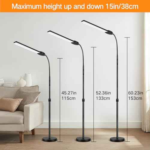 OUTON LED Floor Lamp with Double Head, 18W 1800LM, Super Wide & Bright, Height Adjustable, Remote & Touch Control, Memory Function, Dimmable Standing Lamp for Reading, Working, Sewing, Drawing, Black
