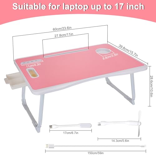 Laptop Bed Table, Laptop Desk for Bed, Foldable Laptop Bed Desk with USB Charge Port, Handle, Desktop Card Slot, Cup Slot, Side Drawer, Portable Laptop Table for Bed Eating Reading Working