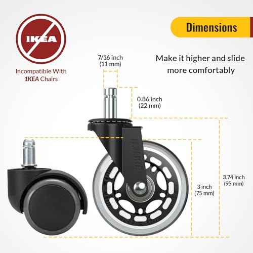 HOLKIE Office Chair Wheels Roller Blade Caster Rubber Replacement for Office 11x22mm Transparent 3 Inch, Desk Rolling Set of 5 for Hardwood Floors Gaming Chair Wheels Smooth & Silence Gliding