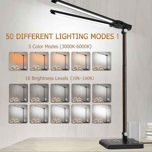 Retractable Dimmable LED Desk Lamp with USB Charging Port, 50 Lighting Modes Dual Swing Arm Architect Adjustable Table Lamp Light Desk Lamp for Home Office Dorm Piano Nail, Black