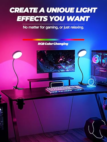 ReinHoo Black Clip-On RGB Desk Lamp with Clamp, 10 Colors & Brightness Levels