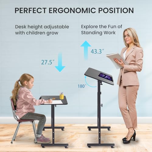 Aconcept Tiltable Small 32 x 16 inch Standing Desk, Black Sit Stand Up Rolling Desk with Wheels, Height Adjustable 25-44" for Tablet Laptop and Walking Pad