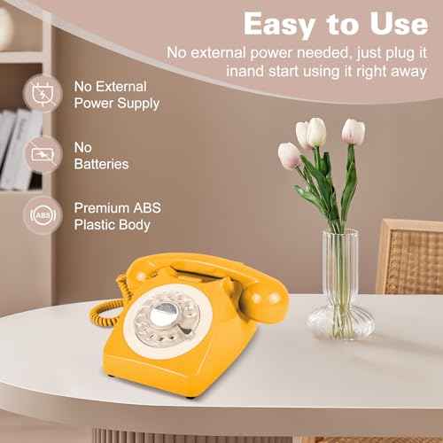 746 Rotary 1970s-style Retro Landline Phone - Curly Cord, Authentic Bell Ring (Mustard)