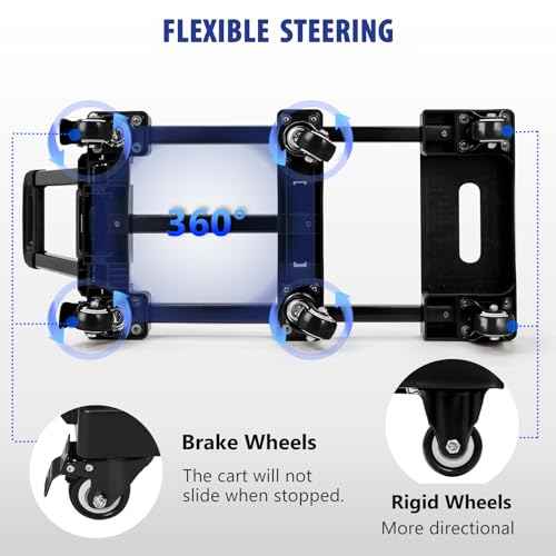 KEDSUM Folding Hand Truck with 6 Wheels(2 with Brake), 530 LBS Heavy Duty Collapsible Dolly Cart, Car Seat Dolly with 2 Lashing Straps for Airport, Travel, Moving, No Assembly Required, Black