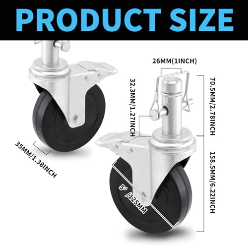 5INCH Scaffolding Wheels, Caster Set of 4 With Dual Locking Brake, 1-Inch Round Tubing Style, Heavy Duty 1410LBS Per Rubber Wheel, Swivel Replacement for Scaffolding