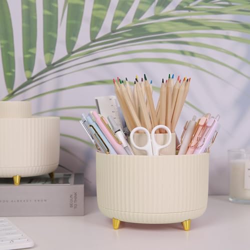 Beige SKYDUE 360° Rotating Plastic Desk Pen Organizer with 5 Slots - Office & Home