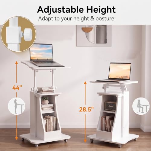 POWERSTONE Sit-to-Stand Mobile Lectern Podium with Storage, White, 27"-47.5"