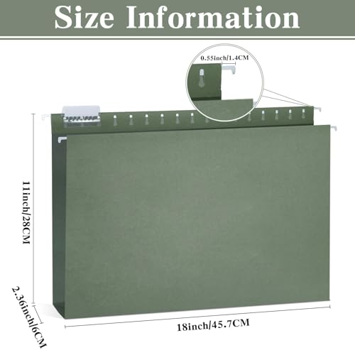 gisgfim 15 Pack Reinforced 11x17 Hanging File Folders 1/5 Cut Heavy Duty Hanging File Folders with Plastic Tabs & Label Cards Expanding Hangers File Organizer for Drawing Engineering Document (Green)