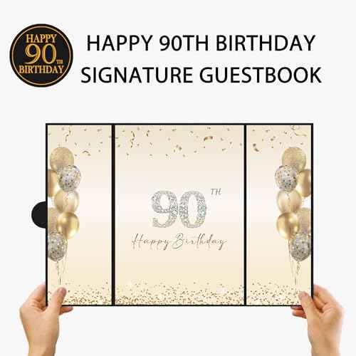 DARUNAXY Black Gold 90th Birthday Party Decorations, Happy 90th Birthday Alternative Signature Guest Book for Men Women Cheers to 90 Years Old Gifts 90 Birthday Signing Card Board Party Supplies