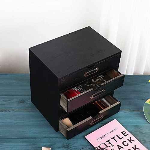 Wooden Storage Box Rustic Desktop Organizer with 4 Drawers Office Desk Accessories Shelf Small Craft Storage Containers Apothecary Cabinet and Chest Jewelry Holder for women(BLACK)