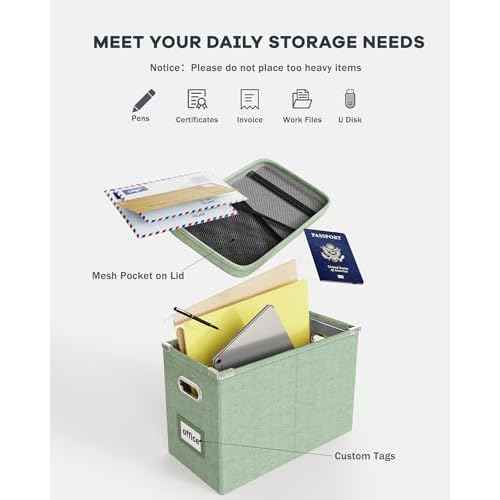 Oterri File Organizer Box with Lid, Hanging Filing File Box with Mesh Pocket, Document Organizer Box for Letter Files, Portable Storage Box(1 PCS, Green)