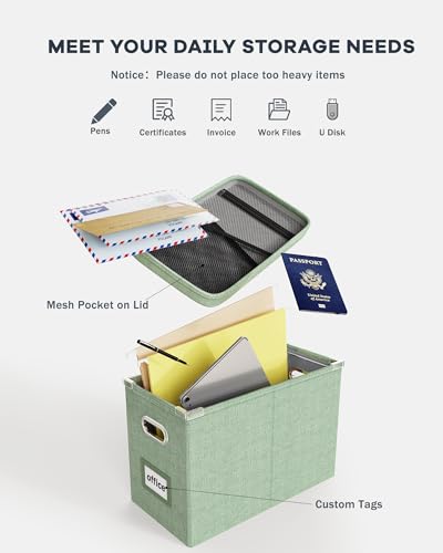 Oterri Green File Organizer Box with Lid, Mesh Pocket & Handles, Letter Size, Portable Storage