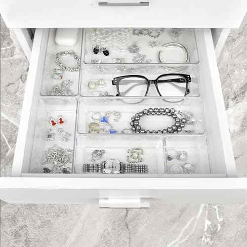 Drawer Organizers Set of 12, 4 Sizes Clear Plastic Drawer Organizers and Storage Bins for Kitchen, Bathroom, Office, Dresser Desk Drawer Organizer Tray for Jewelry, Makeup, Junk, Gadgets
