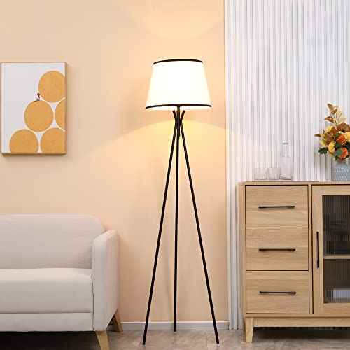 HOMCOM Modern Tripod Floor Lamp, Freestanding Lamp w/Fabric Lampshade and E26 Base for Living Room, No Bulb - Black