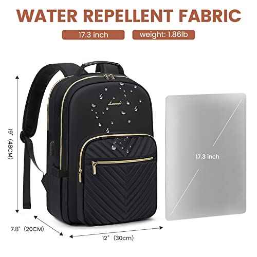 LOVEVOOK Laptop Backpack for Women 17.3 inch,Cute Womens Travel Backpack Purse,Professional Computer Bag,Waterproof Work Business College Teacher Bags Carry on Backpack with USB Port,Black
