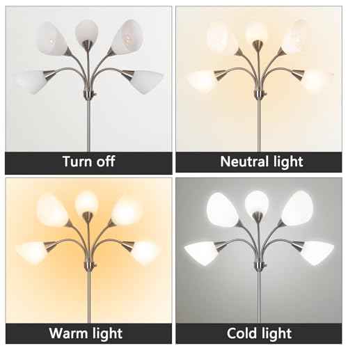 HonoDing Medusa Floor Lamps Standing Lamps 5 Heads Adjustable Reading Light Large Shade Use E26 A19 Bulb Floor Lamps for Living Room Bedroom (Satin Nickel)