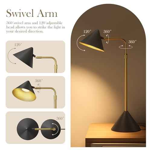Metal Desk Lamp, 3000k Soft Light Modern Desk Lamp with Dimmer Switch, Adjustable Lighting with Swivel Arm Reading Lamp for Bedside Table, Office Desk, Task Light, Living Room(Black&Gold)