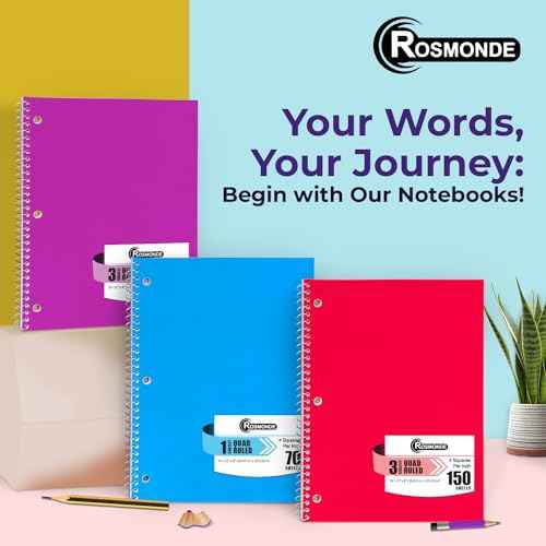 Rosmonde 1 Subject Graph Paper Spiral Notebook, 24 Pack, 70 Sheets (140 Pages), 8 x 10-1/2" Bulk 4x4 Spiral Bound Grid Notebooks, 3 Hole Punched Single Subject Quad Ruled Spiral Notebooks for School