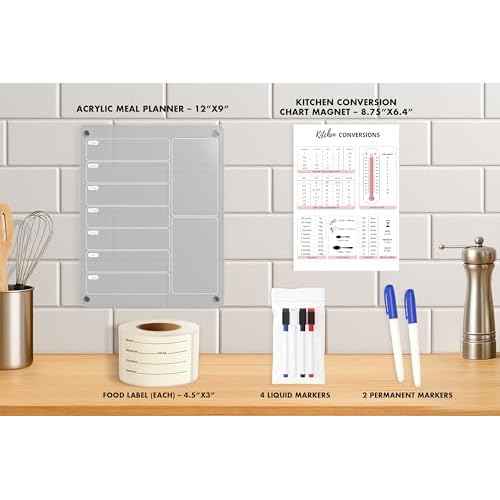 Meal Prep Bundle. Includes 1 Magnetic Acrylic Meal Planner Board, 1 Kitchen Conversion Chart Magnet, and 100 Freezer Labels for Food Storage & Organization